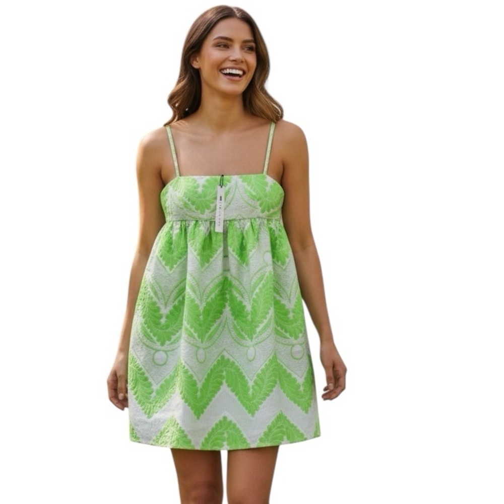 ASOS Edition Green White Jacquard Babydoll Mini Dress Spaghetti Straps Size US 6